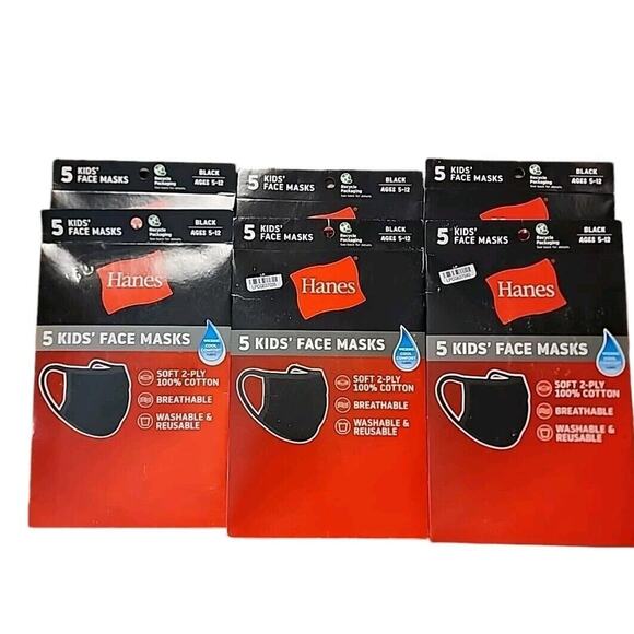Hanes Accessories - 6 Packs Of 5 Hanes Kids 100% Cotton Fabric Reusable Face Mask Washable Black